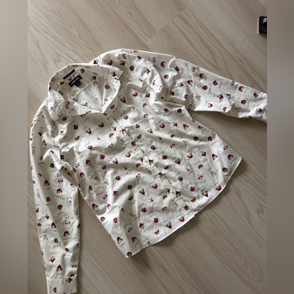Lands End Holiday Dog Button Down no iron supinate top blouse shirt 14
